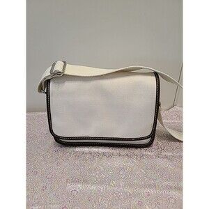 Vintage New Lands End Beige Canvas Crossbody Purse W/BROWN Leather Strap Trim